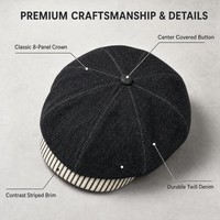 Topi Newsboy Denim Hitam 100% Katun dengan Pinggiran Warna Kontras, Topi Flat Cabbie 8 Panel, Baret Unisex Vintage untuk Pria Wanita