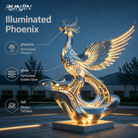 Sculpture d'art métallique Phénix lumineux en acier inoxydable poli miroir avec ailes LED, pour place de nuit, monument, statue, fabrication sur mesure