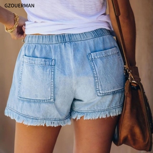 Pantalones Cortos <span class=keywords><strong>de</strong></span> Verano <span class=keywords><strong>2021</strong></span> para <span class=keywords><strong>Mujer</strong></span>, Cintura Elástica, Casuales, Ajustados, <span class=keywords><strong>de</strong></span> Color Sólido, con Bolsillos, Tipo Jeans, con Cordón - Product Image 5