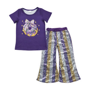 Ropa de alta calidad para niñas pequeñas, pantalones de lentejuelas a rayas de manga corta púrpura con lazo de Mardi Gras, trajes para niñas, recién llegados - Product Image 1