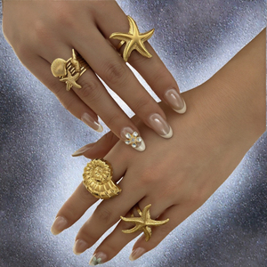 Juego de Anillos de Acero Inoxidable Chapado en Oro de 18K, Anillo Abierto Vintage con Diseño de Concha Marina, Estrella de Mar y Flor para Mujer, Joyería para Fiestas - Product Image 3