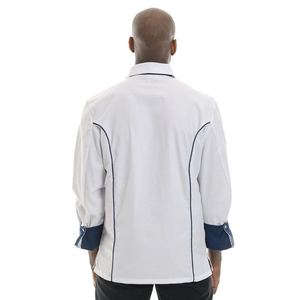 Uniforme de Chef de Alta Calidad para Restaurante, Uniforme de Cocina Unisex de Sarga 100% Algodón, Chaqueta de Chef Azul Marino y Blanco - Product Image 3