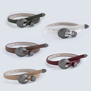 เข็มขัดหนังแท้สไตล์ตะวันตกแบบบาง รุ่นใหม่สำหรับผู้หญิง JULUN หัวเข็มขัดเงินโบราณแกะสลัก ดีไซน์ขอบตัด หนังเทียมลายหนังหมู ทันสมัยทุกสไตล์ - Product Image 3