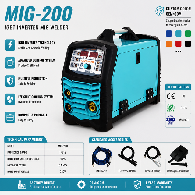 MIG 200 Digital Display MIG Inverter Welder 220V IP21S Multiple Protection Compact Portable Welding Equipment Stable Arc Welding