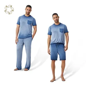 可持续褪色蓝色休息室穿有机竹棉pj套装男士衬衫和短套男士休息室套装定制睡衣男士
