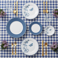 Service de table en porcelaine bleu élégant à motif floral et papillons, vaisselle romantique pour mariage en bord de mer, assiettes en céramique fine pour douche nuptiale