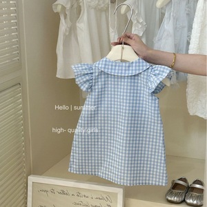 Child Star Circle Girls Blue Plaid Flutter Sleeve Dress Summer Breathable School Style Lace Collar Dress - Product Image 2