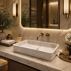 อ่างล้างมือแบบติดผนังหินธรรมชาติหรูหราจาก Poulars Wholesale รุ่น Anna Beige Marble Stone Basin - Product Image 4