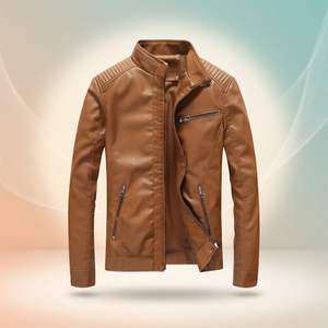 Veste de motard en cuir PU marron pour homme, col montant, fermeture éclair, coupe ajustée, longueur normale, couleur unie, automne - Product Image 1