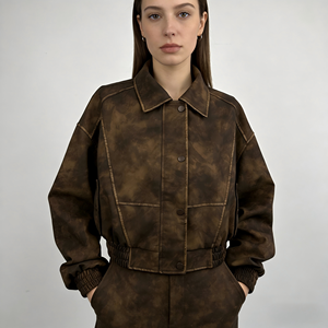 Retro <strong>Brown</strong> Women's <strong>Leather</strong> <strong>Jacket</strong> Short <strong>Brown</strong> <strong>Leather</strong> <strong>Jacket</strong> Environmentally Friendly Windproof <strong>Leather</strong> <strong>Jacket</strong> - Product Image 1