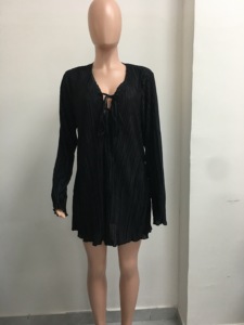 Robes plissées élégantes à manches cloche et taille nouée de couleur unie pour femmes grandes tailles – Tendance - Product Image 6