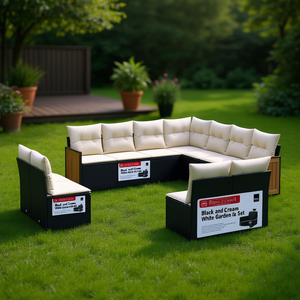 Ensemble de canapés de jardin en rotin noir et crème, mobilier d'extérieur avec coussins en mousse haute densité, design contemporain imperméable - Product Image 2