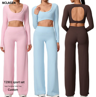 Ensemble de sport pour femmes, doux, pour la course et le fitness, comprenant un haut court à manches longues et dos ouvert et un pantalon taille haute à jambe large effet galbant fessier, idéal pour la gym