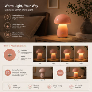 Lámpara de Escritorio LED Inalámbrica con Forma de Hongo, Portátil, Recargable, Luz Nocturna con Control Táctil, Función de Memoria, 3000K, Luz Cálida para Hotel - Product Image 4