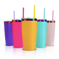Gobelets isothermes en acier inoxydable électroplaqué, colorés, 20 oz, avec base arc-en-ciel, revêtement poudré, avec couvercle et pailles