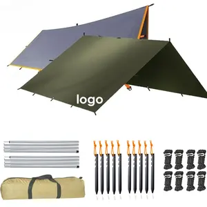 Tenda luar ruangan terpal hujan lalat 210T, tenda penampungan matahari berkemah tempat tidur gantung hujan terbang tenda terpal dengan tiang