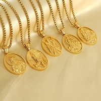 Collar con Dije de Cruz de Oro de 18K con Icono Católico de la Virgen María y Figura de San Benito, San Antonio y San Judas en Acero Inoxidable
