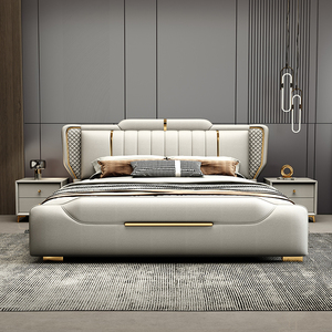 Cama Reclinable <span class=keywords><strong>de</strong></span> Lujo Moderna en Cuero Sintético Gris con Detalles Dorados y Estructura <span class=keywords><strong>de</strong></span> Madera Tapizada, Tamaños King y Queen - Product Image 1