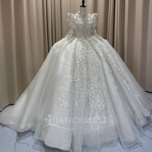 Mc069 Elegant High Neck Puff Sleeve Crystal Beaded Lace Applique Glitter Tulle Ball Gown Wedding <b>Dress</b> For Bride Jancember - Product Image 3