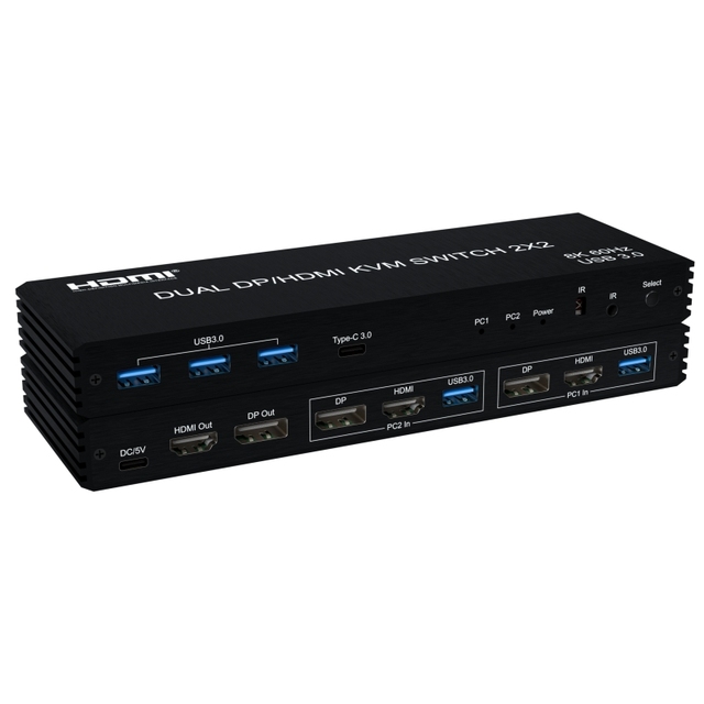 8K 60Hz Dual Monitor DP+HDMI KVM Switch 2x2 with IR Controller for 2 PCs  2 Monitors