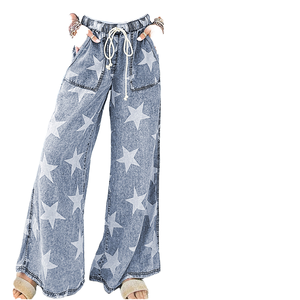 Dear-Lover Pantalones Vaqueros de Mujer al por Mayor, Estilo Western, Boutique, Casual, con Estampado de Estrellas, Lavado Claro, Cintura Alta, Anchos, Holgados, para Otoño y Primavera - Product Image 4