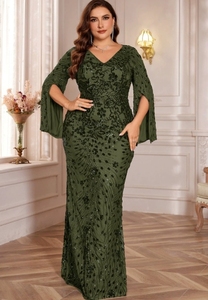 Abito da ballo a maniche lunghe a sirena, aderente, per la <span class=keywords><strong>madre</strong></span> della sposa, da donna, con paillettes e glitter, lungo, taglie forti, abito da sposa formale di lusso - Product Image 6