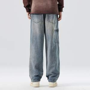 กางเกงยีนส์วินเทจขาตรงสำหรับผู้ชาย, กางเกงยีนส์วินเทจ90s สไตล์สโตนว์3D เอวยางยืดทรงหลวมใส่เล่นฮิปฮอป - Product Image 2