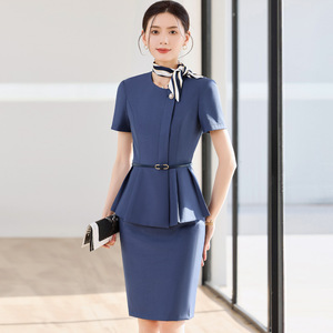 Flight Attendant Professional Suit Blue Peplum Skirt Set Mandarin Collar Office Lady Uniform Anti-Wrinkle Woven Fabric - Product Image 2