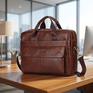 Porte-documents pour ordinateur portable de grande capacité en cuir véritable imperméable antivol de haute qualité, couleur brun radis - Product Image 1