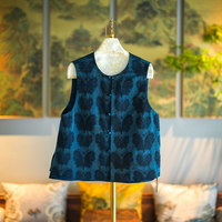 Gilet personnalisé pour femme, double face, col rond, boutonnage simple, en tissu de soie Xiangyun bleu, nouveau style chinois, 5223