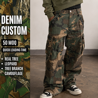 Jean cargo OEM pour homme en denim camouflage forestier, orné de strass, multi-poches, délavé vintage, coupe ample