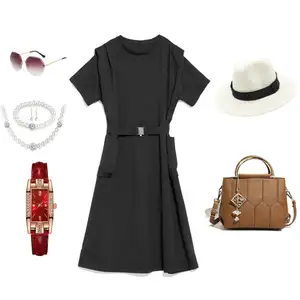 Summer new style high-quality short-sleeved dress hat handbag watch sunglasses jewelry casual loose long-style modest skirt set