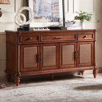 Console de rangement de style classique, buffet vintage en bois et rotin tressé avec tiroirs, meuble de salon