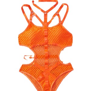 Bodysuit Lingerie Wanita Model Halter Grid Mesh dengan Sabuk Silang di Pinggang, Efek Membentuk Tubuh - Product Image 5