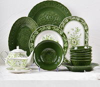 Vaisselle en céramique verte olive de luxe vintage française, bol rond ovale créatif en porcelaine, assiette, plat, tasse à café, théière pour la maison