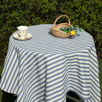 Nappe en coton rayée bleue et blanche vintage, housse de table ronde réutilisable style ferme pour décoration de jardin, mariage et repas