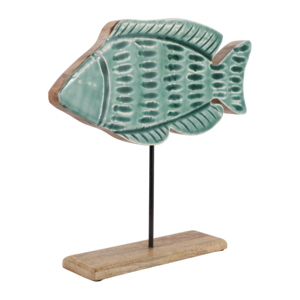 Scultura di pesce in legno su base per decorazioni domestiche, accento costiero, in legno di mango - Product Image 2