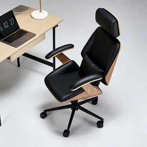 Chaise de bureau ergonomique à dossier haut avec inclinaison à 135° °   Fauteuil de direction inclinable en cuir PU et structure en bois, pivotant, pour bureau à domicile - Product Image 1