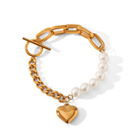 Bracelet Cœur Tendance Luxe Léger Imitation Perle pour Femme, Plaqué Or 18K, Acier Inoxydable, Fermoir OT, Étanche