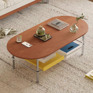 Wood Coffee Table Oval Stainless Steel Frame Storage <b>Shelf</b> Living Room Furniture - Product Image 1