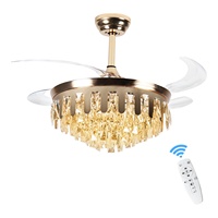 Ventilateur de plafond LED moderne orné de cristaux avec télécommande, intensité variable, 6 vitesses, 4 pales pour salon et chambre à coucher