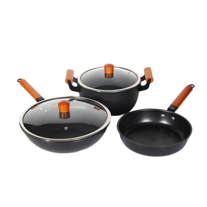 Ensemble de <span class=keywords><strong>casseroles</strong></span> et poêles en fer noir, 5 pièces, avec couvercle en verre, wok, faitout et poêle à frire, manche en bois, pour la cuisine - Product Image 1