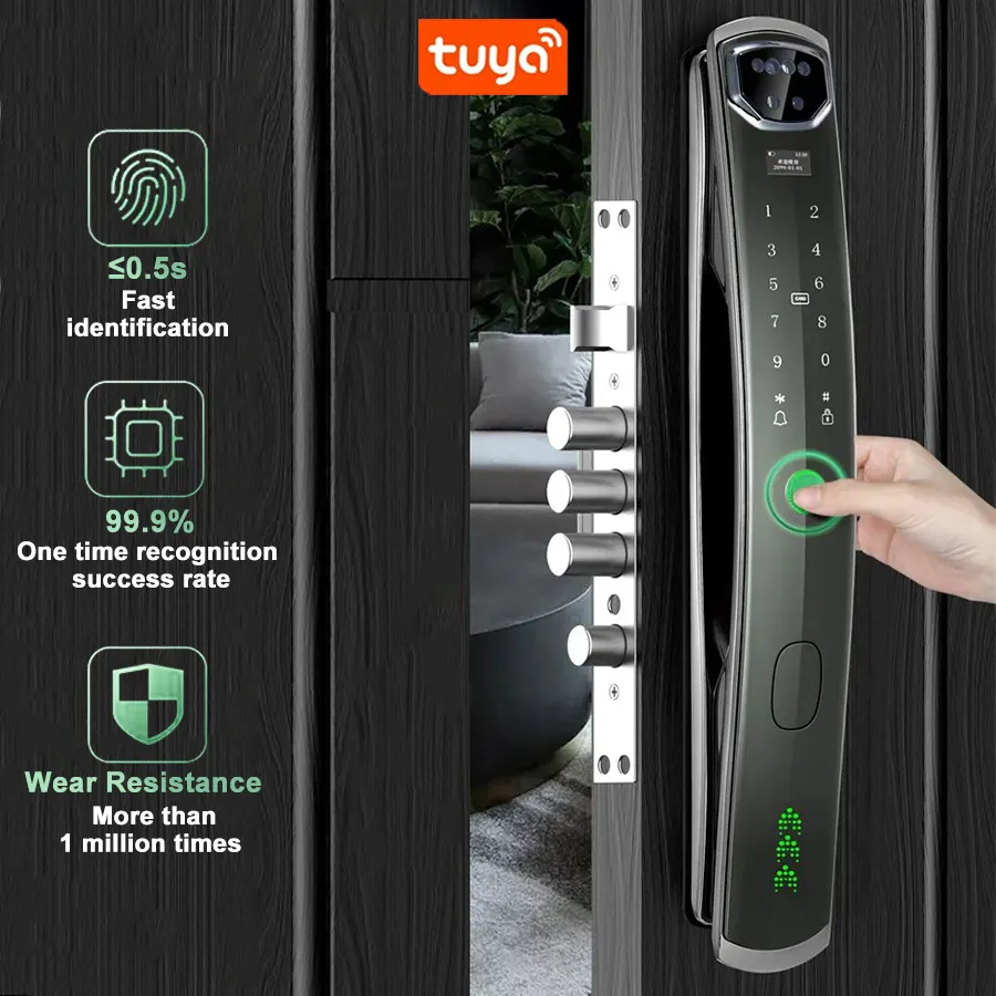 Tuya kunci pintu pintar aplikasi, layar sentuh sidik jari tanpa kunci portabel rumah keamanan tinggi Anti maling Alarm privasi