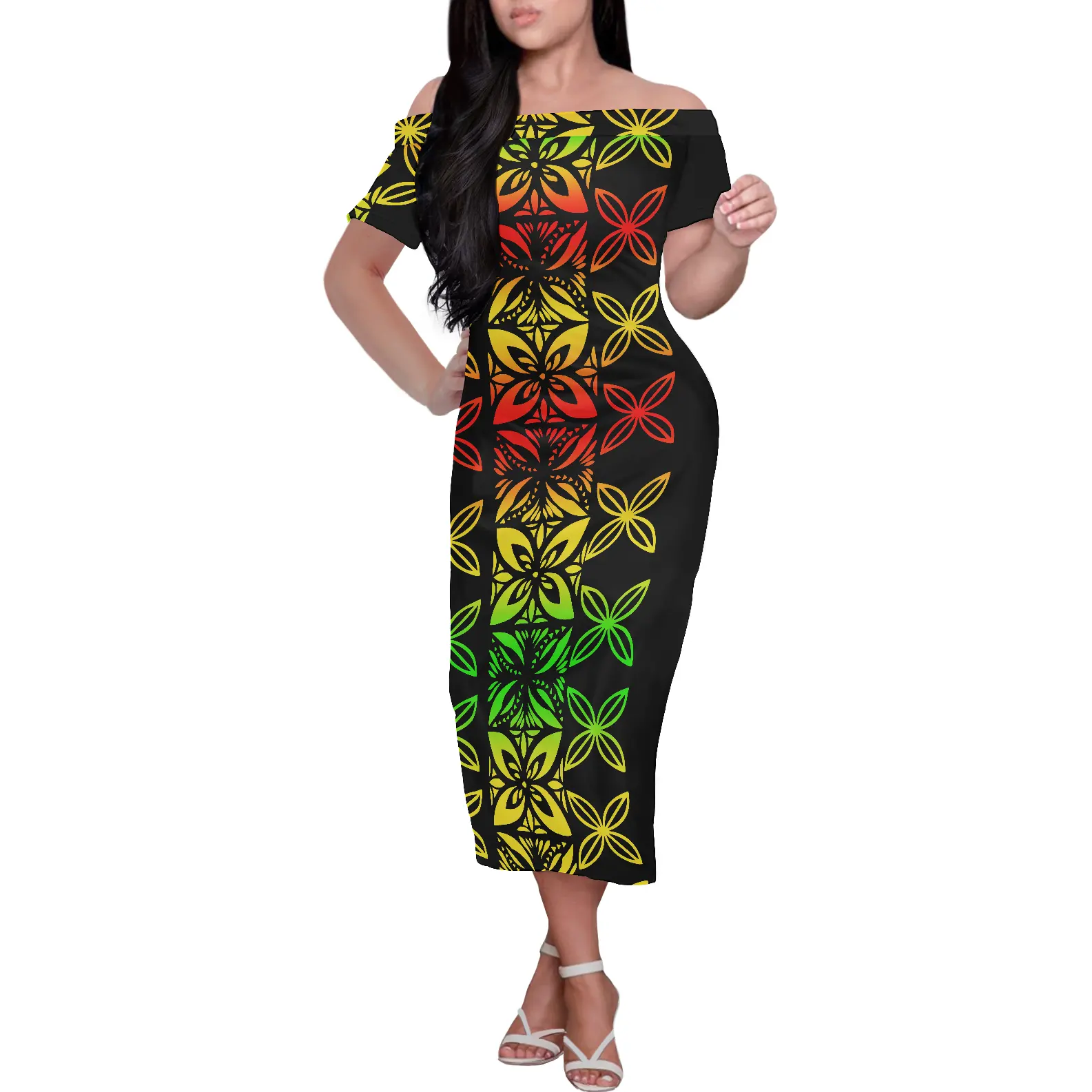 Rasta vestido midi plus size de manga curta, vestido lápis ombro fora sexy personalizado, cor tribais