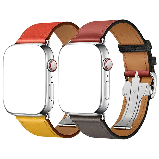 Folding Buckle Genuine Leather Straps for ultra 49mm Luxury Logo Leather Loop for Apple Watch 45mm 42mm 40mm 48mm Correa