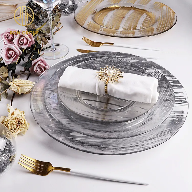Luxury Hotel Party Banquet Round Clear Gold Foil Glass Plates Sets Dinnerware Wholesale Serving Trays For Wedding