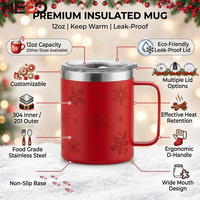 Série de tasses à café en acier inoxydable 304 à double paroi avec couvercle et poignée, personnalisables avec logo de Noël, pour cadeaux de Noël