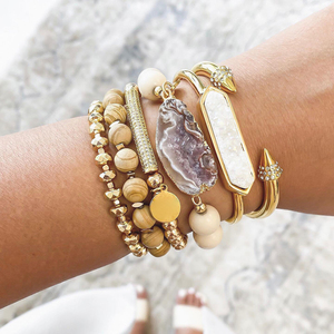 Stainless Steel Zircon Rivet,Natural Druzy Cuff <strong>Bracelet</strong>,Riverstone With Geode Agate Slice Charm <strong>Stacked</strong> <strong>Bracelet</strong> Set for Women - Product Image 3