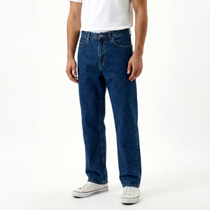 Jean en denim bleu foncé coupe droite pour homme, taille mi-haute, coupe classique, style décontracté, idéal pour le printemps, en coton de poids moyen, écologique - Product Image 1