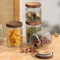 Bocaux de rangement en verre décoratifs modernes en relief hermétiques de 34oz Couvercles en bambou Snack Candy Cuisine Conteneurs alimentaires Bouchon à vis
